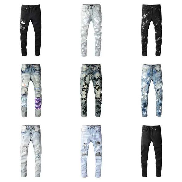 men's jeans summer popular mens hip-hop zipper hole washed jean am pant men designer clothes cool guy denim man embroidery biker pants, Blue